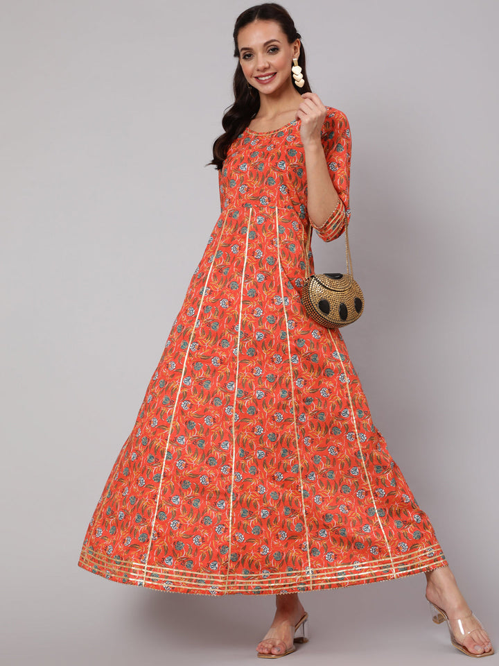 Orange Floral Printed Flared Dress With Three Quarter Sleeves