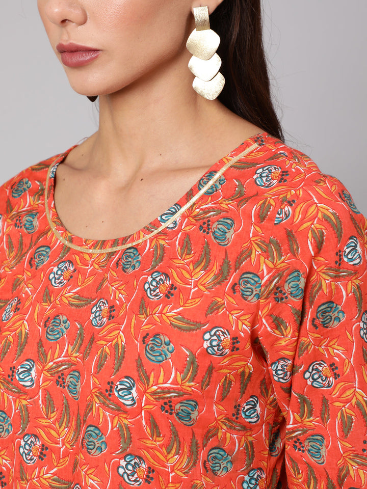 Orange Floral Printed Flared Dress With Three Quarter Sleeves