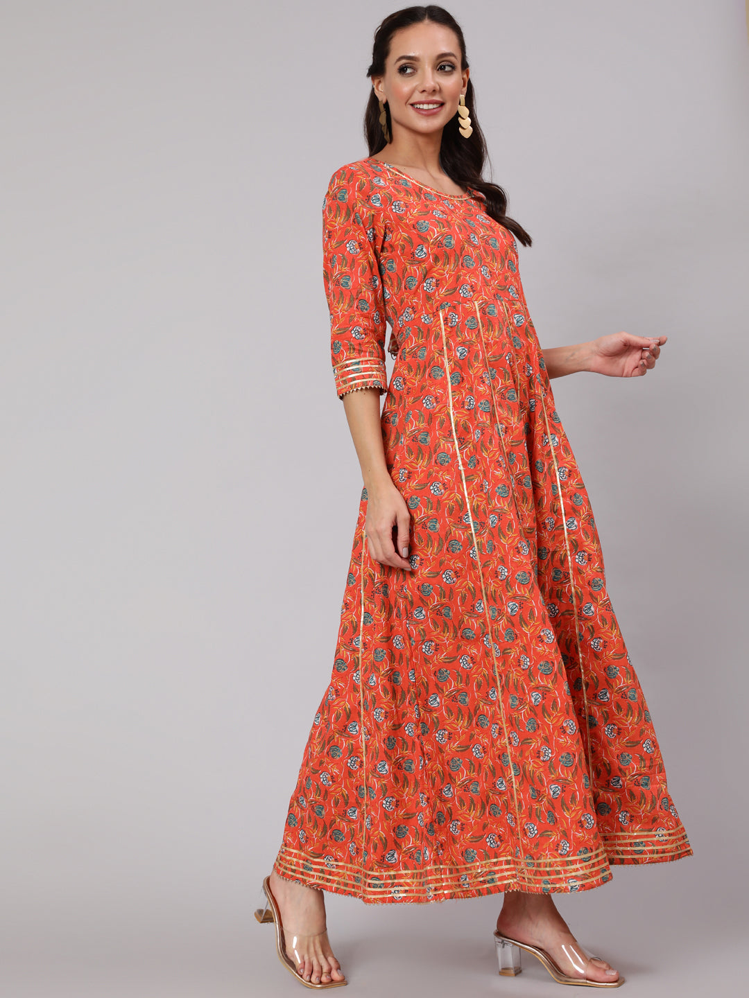 Orange Floral Printed Flared Dress With Three Quarter Sleeves