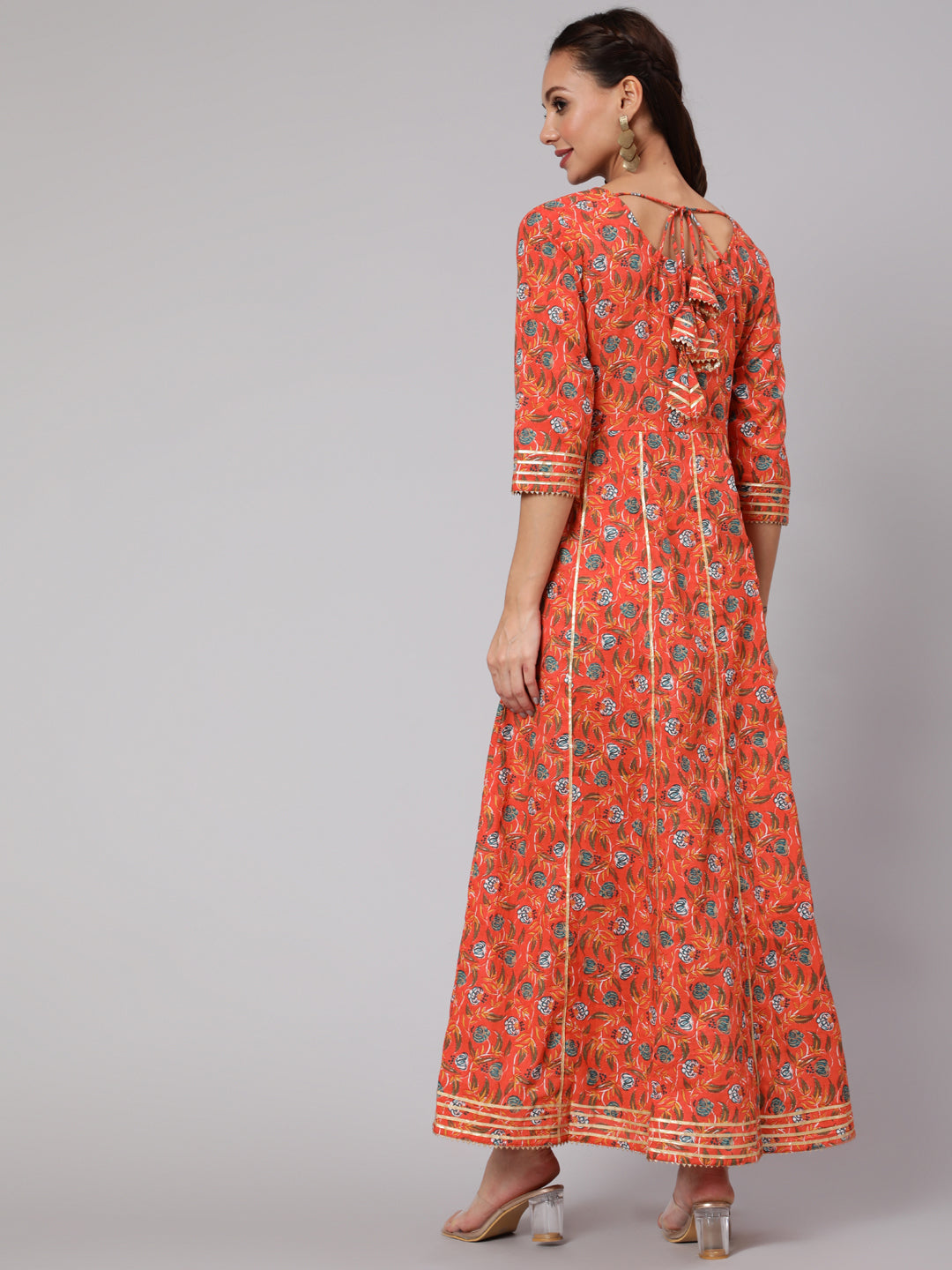 Orange Floral Printed Flared Dress With Three Quarter Sleeves