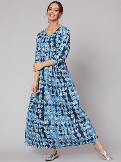 Blue Abstrac Printed Gathered Dress With Three Quarter Sleeves