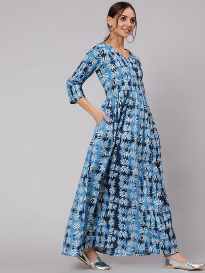 Blue Abstrac Printed Gathered Dress With Three Quarter Sleeves