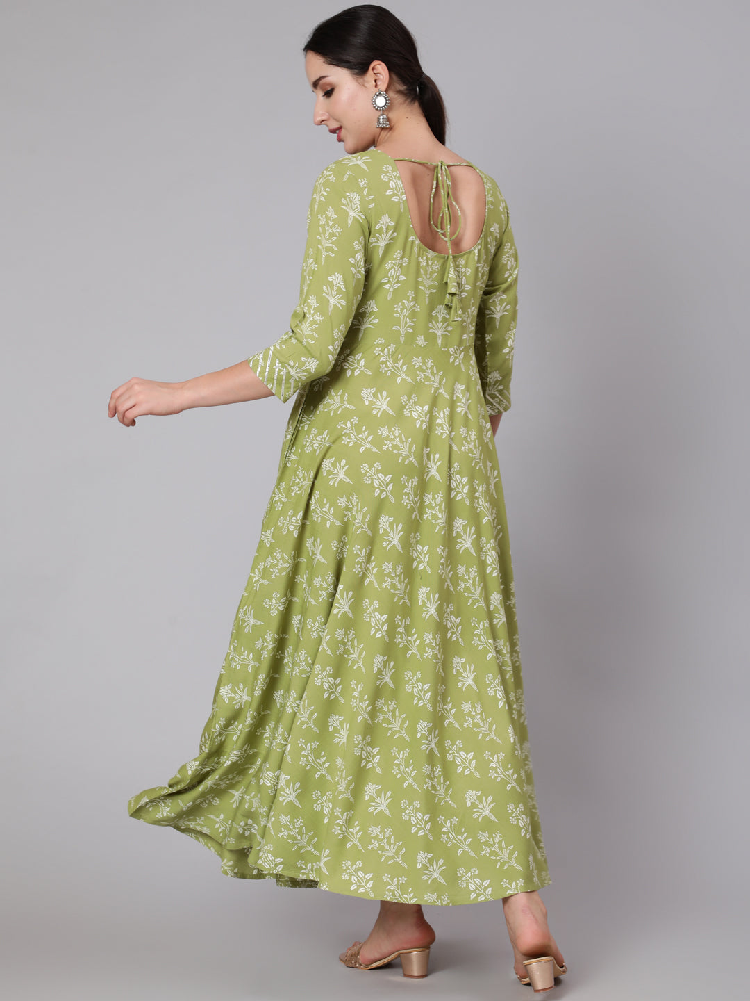 Olive Green Floral Printed Maxi Dress With Three Quarter Sleeves