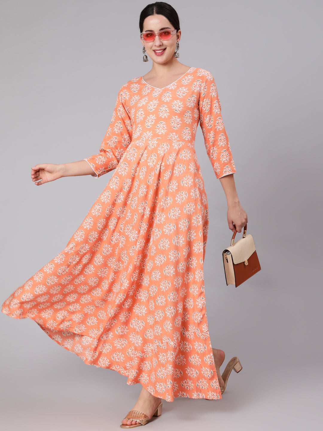 Peach Floral Printed Dress With Three Quarter Sleeves