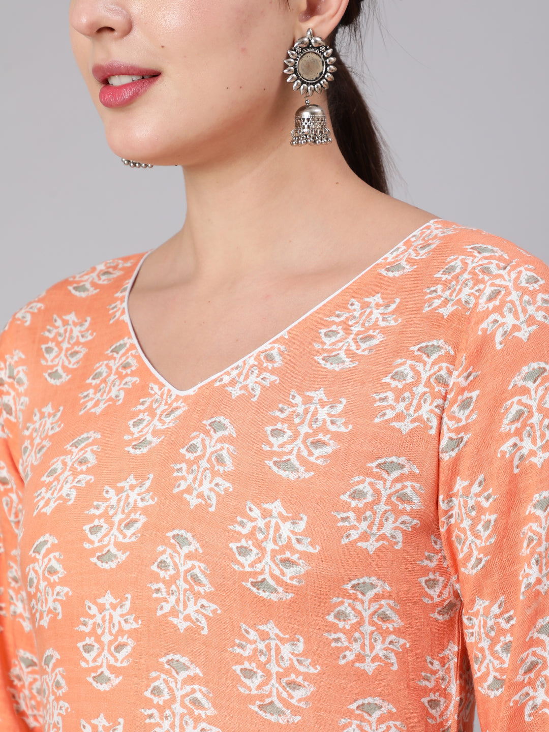 Peach Floral Printed Dress With Three Quarter Sleeves