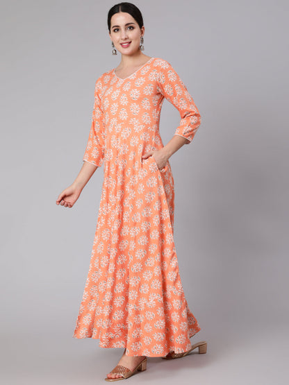 Peach Floral Printed Dress With Three Quarter Sleeves