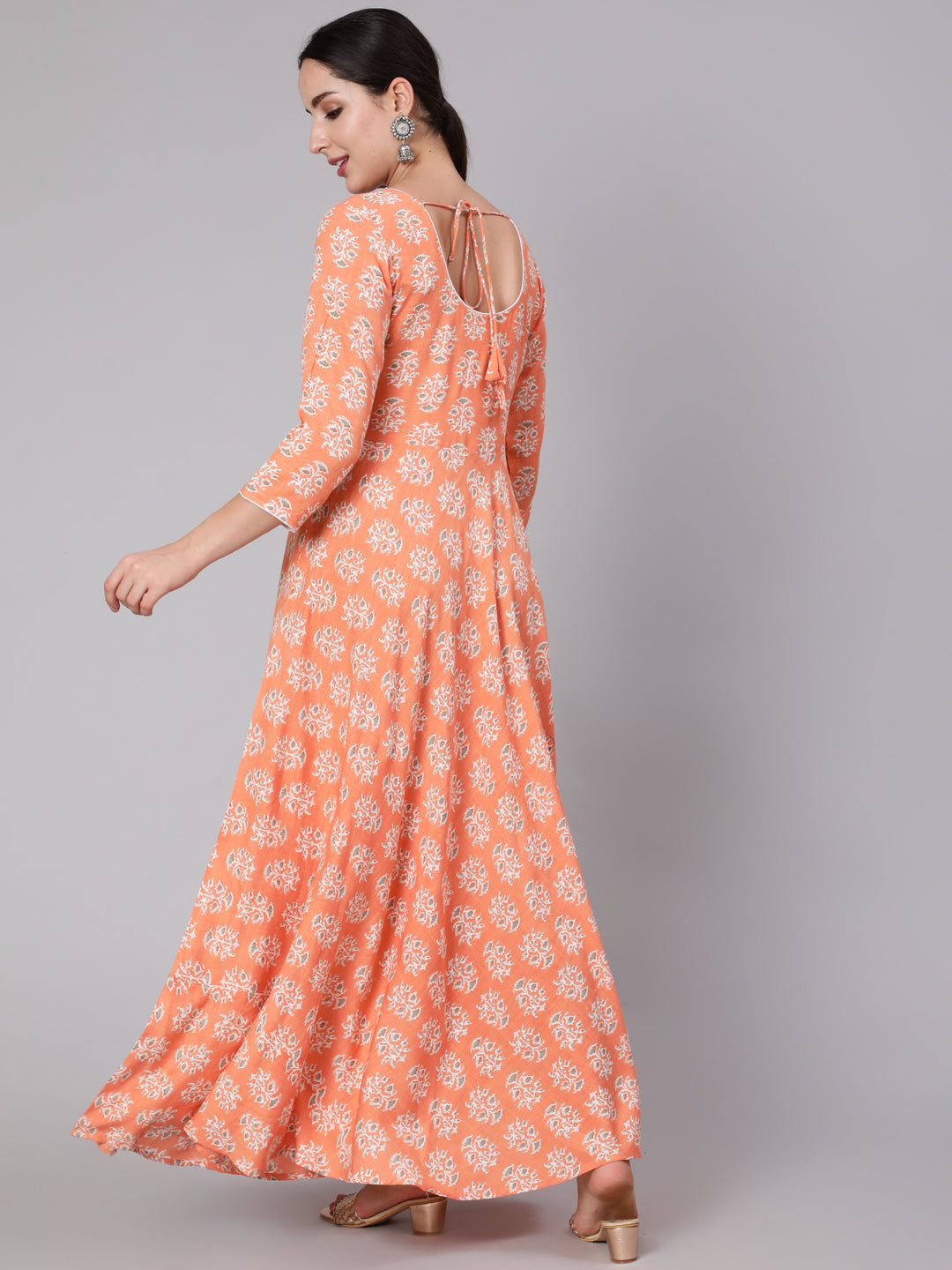 Peach Floral Printed Dress With Three Quarter Sleeves