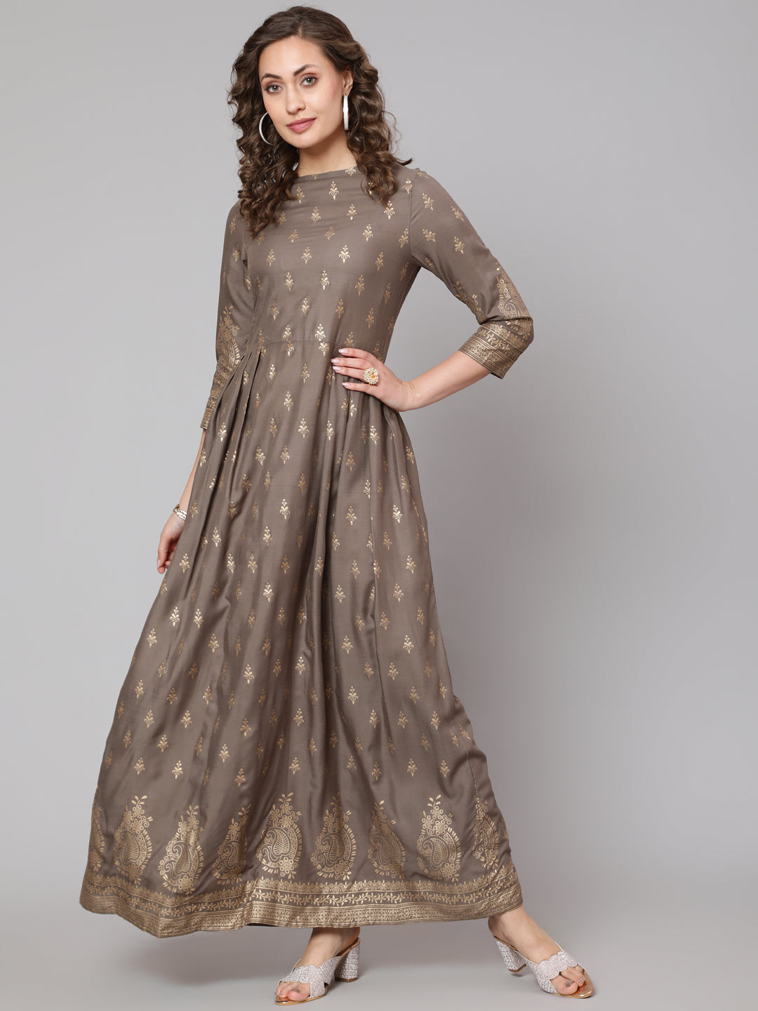 Grey Printed Flared Dress With Three Quarter Sleeves
