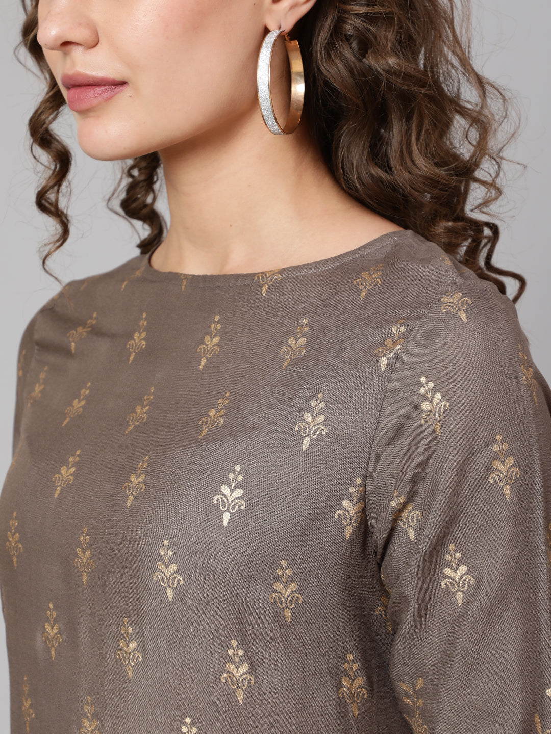 Grey Printed Flared Dress With Three Quarter Sleeves
