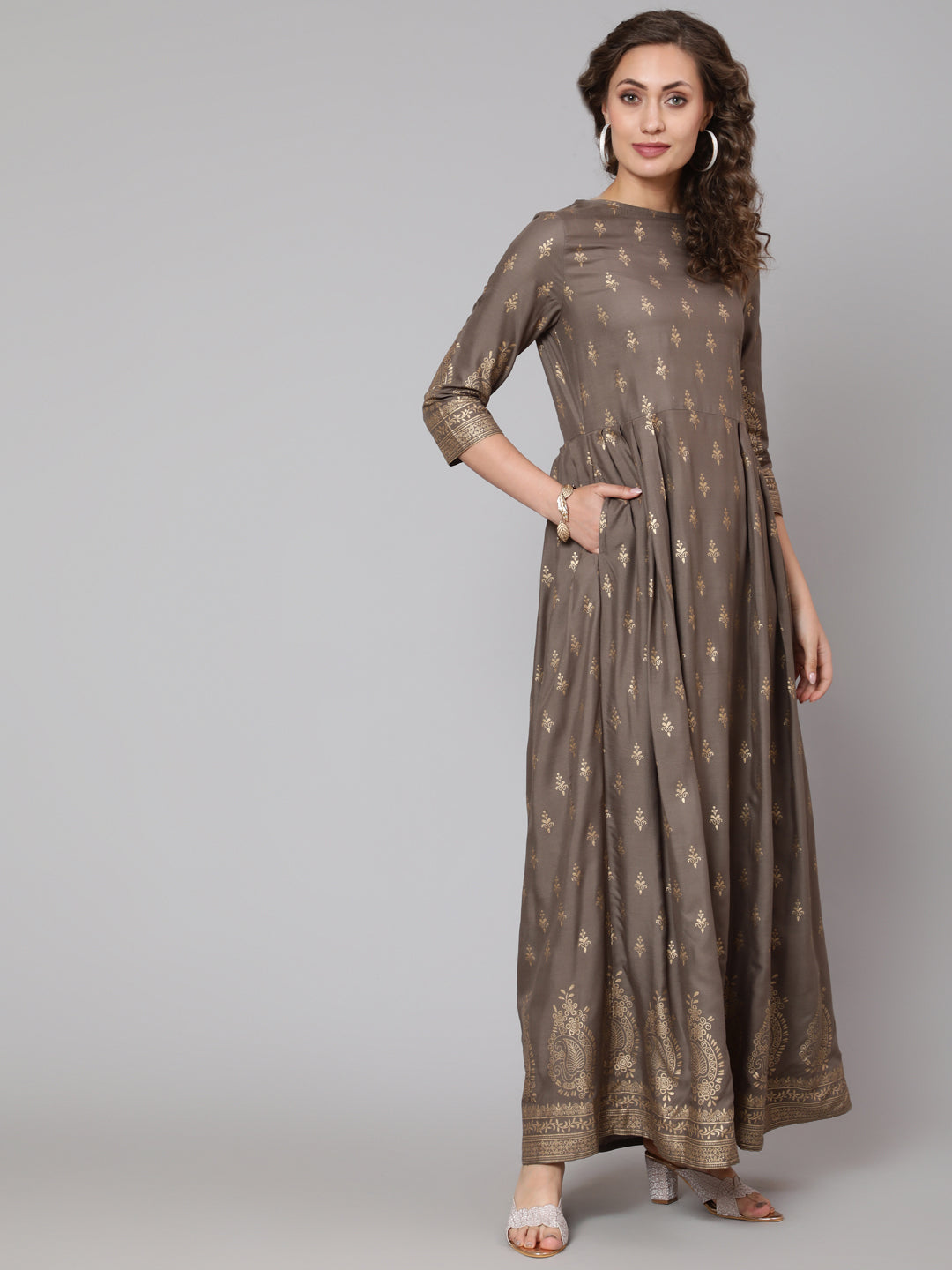 Grey Printed Flared Dress With Three Quarter Sleeves
