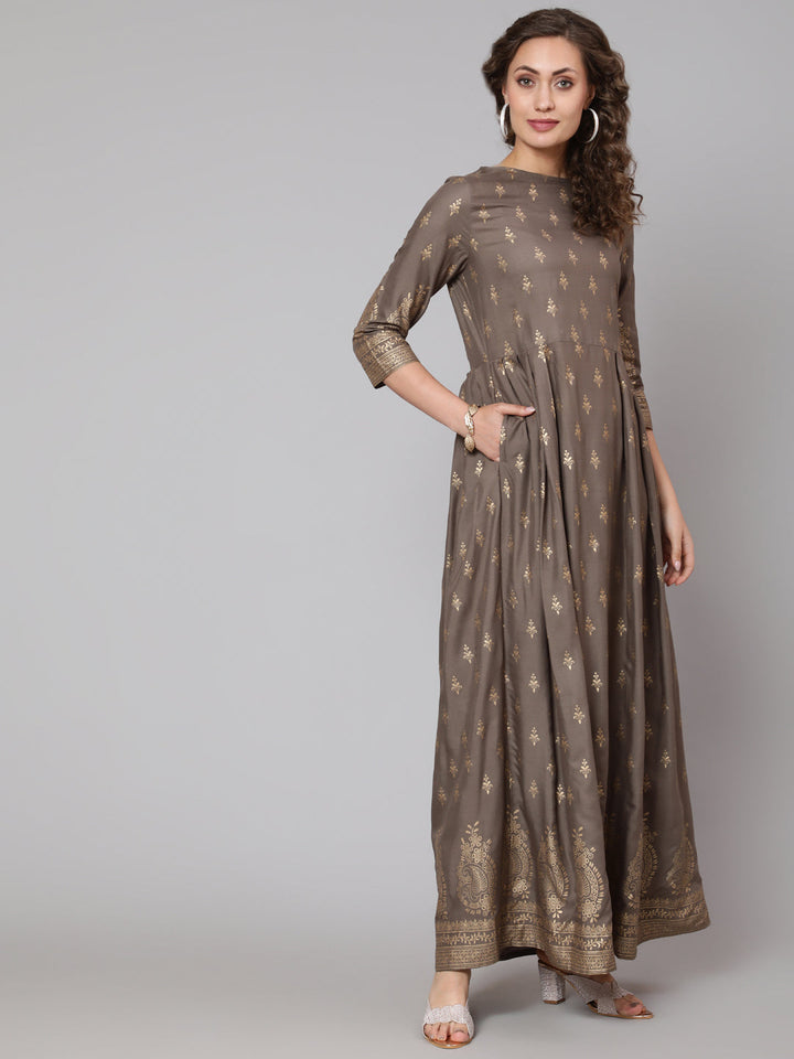 Grey Printed Flared Dress With Three Quarter Sleeves