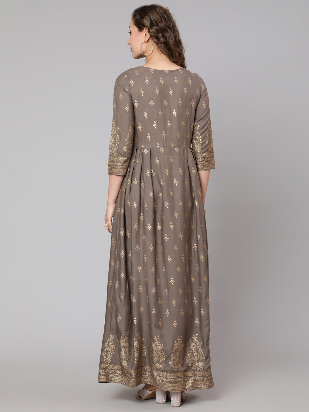 Grey Printed Flared Dress With Three Quarter Sleeves