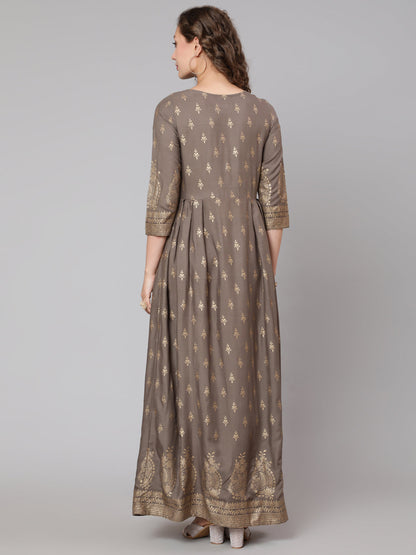 Grey Printed Flared Dress With Three Quarter Sleeves