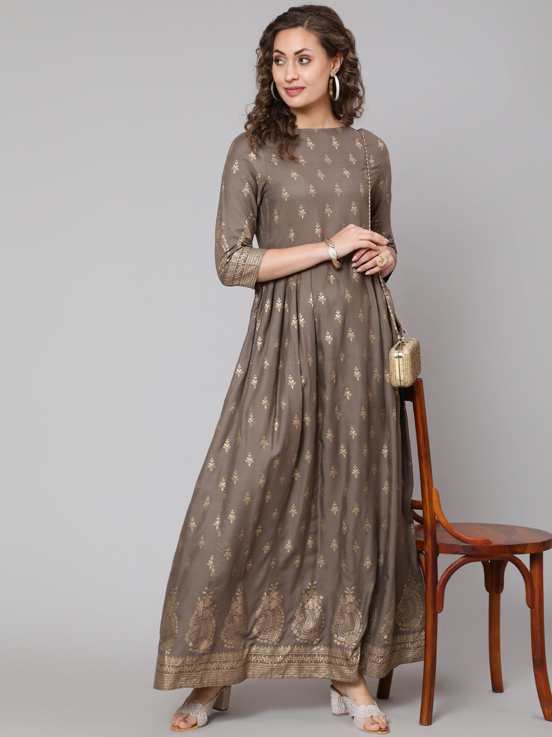 Grey Printed Flared Dress With Three Quarter Sleeves