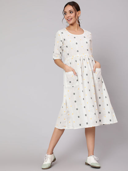 White Geometric Printed A- Line Dress