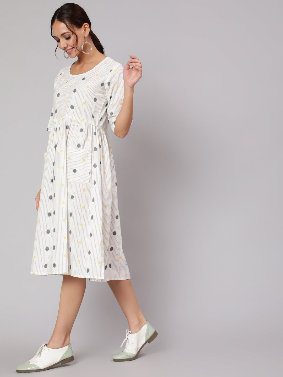 White Geometric Printed A- Line Dress