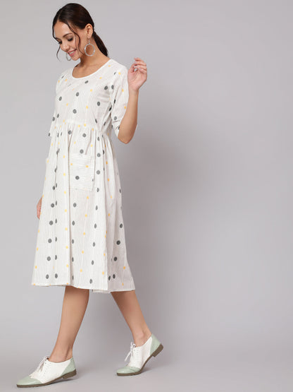 White Geometric Printed A- Line Dress