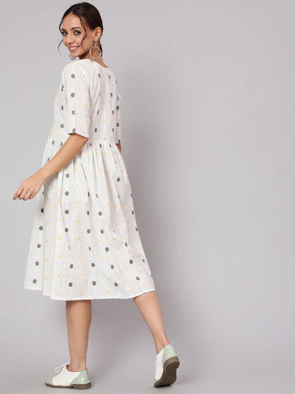 White Geometric Printed A- Line Dress