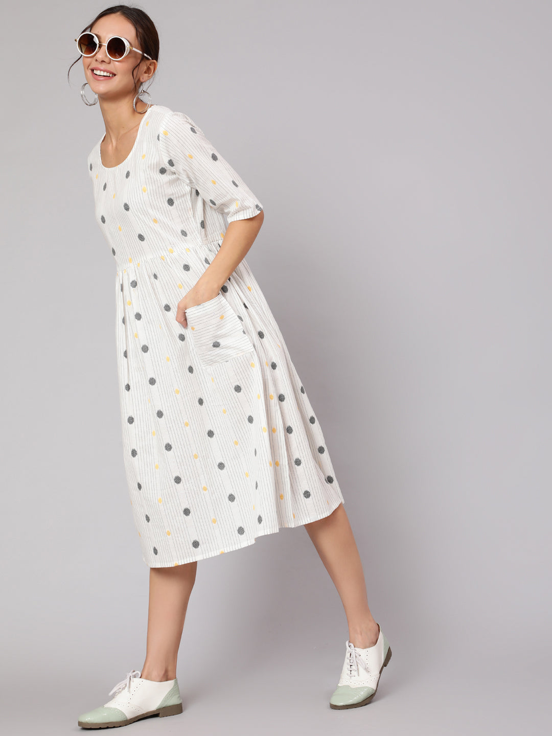 White Geometric Printed A- Line Dress