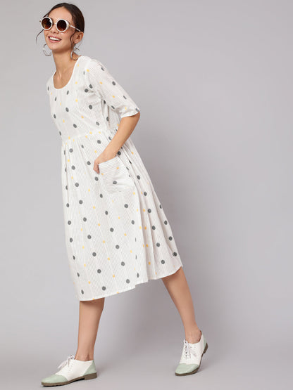 White Geometric Printed A- Line Dress