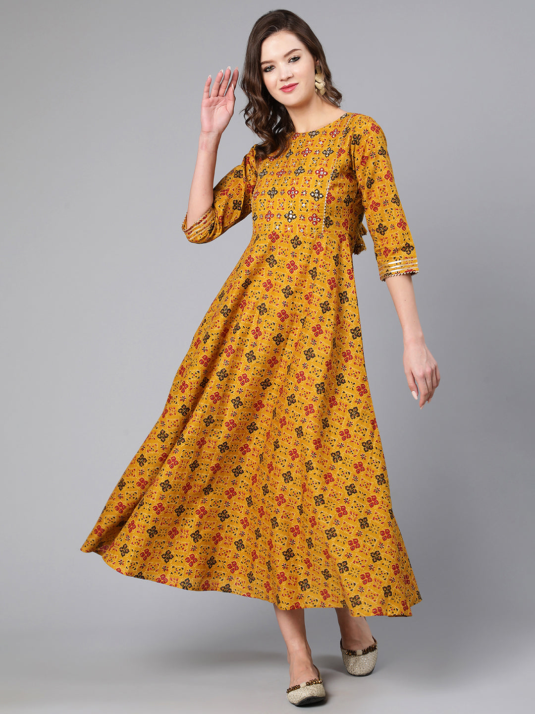 Mustard Ethnic Printed Flared Dress