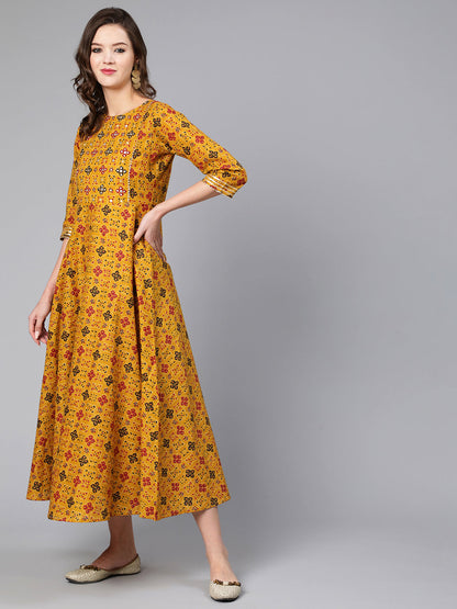 Mustard Ethnic Printed Flared Dress