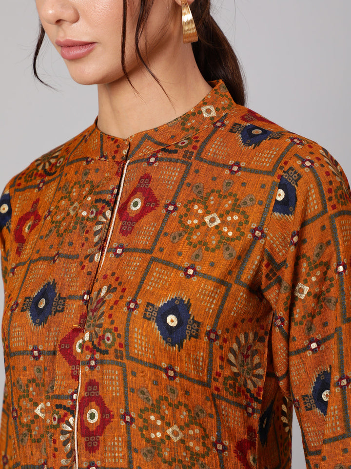 Mustrad Ethnic Printed Dress With Three Quarter Sleeves
