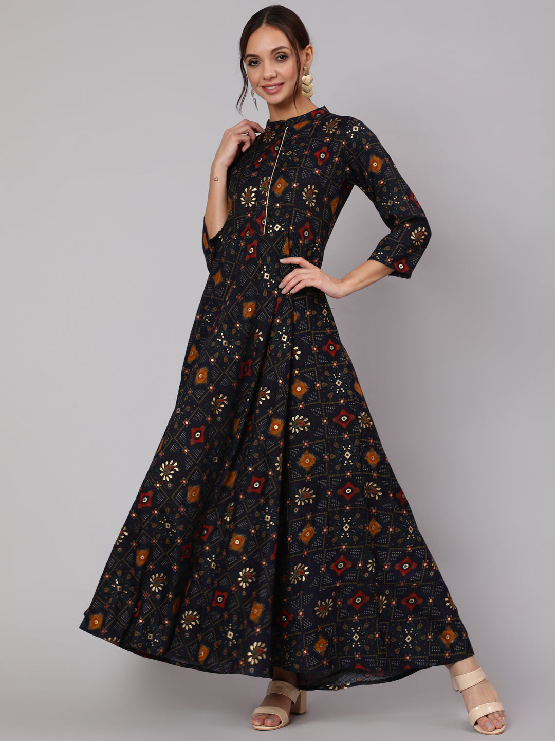 Navy Blue Ethnic Printed Dress With Three Quarter Sleeves
