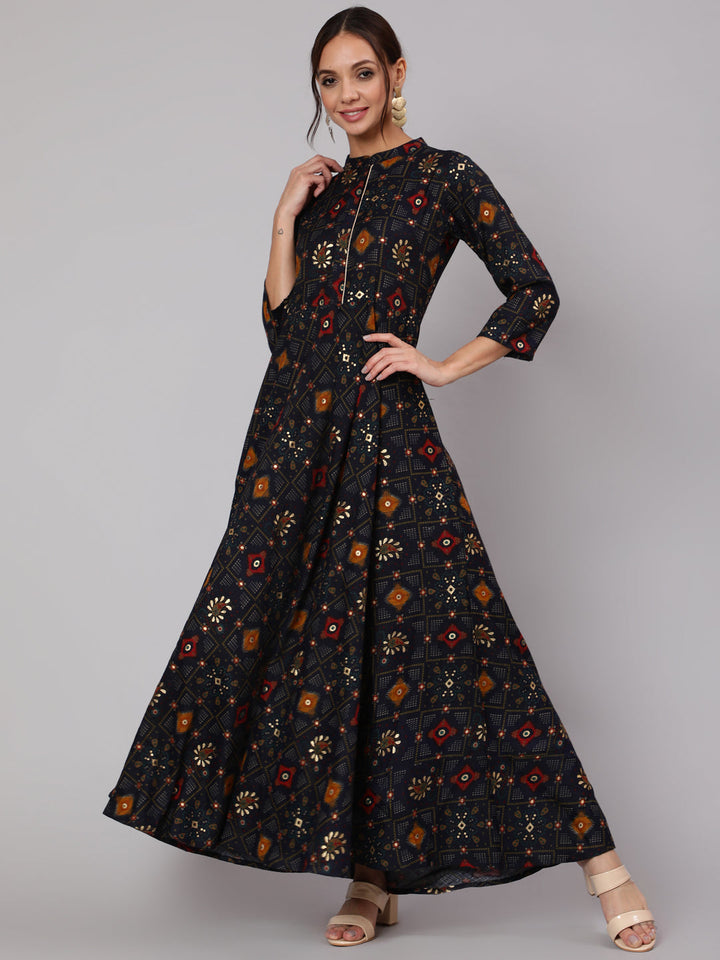 Navy Blue Ethnic Printed Dress With Three Quarter Sleeves
