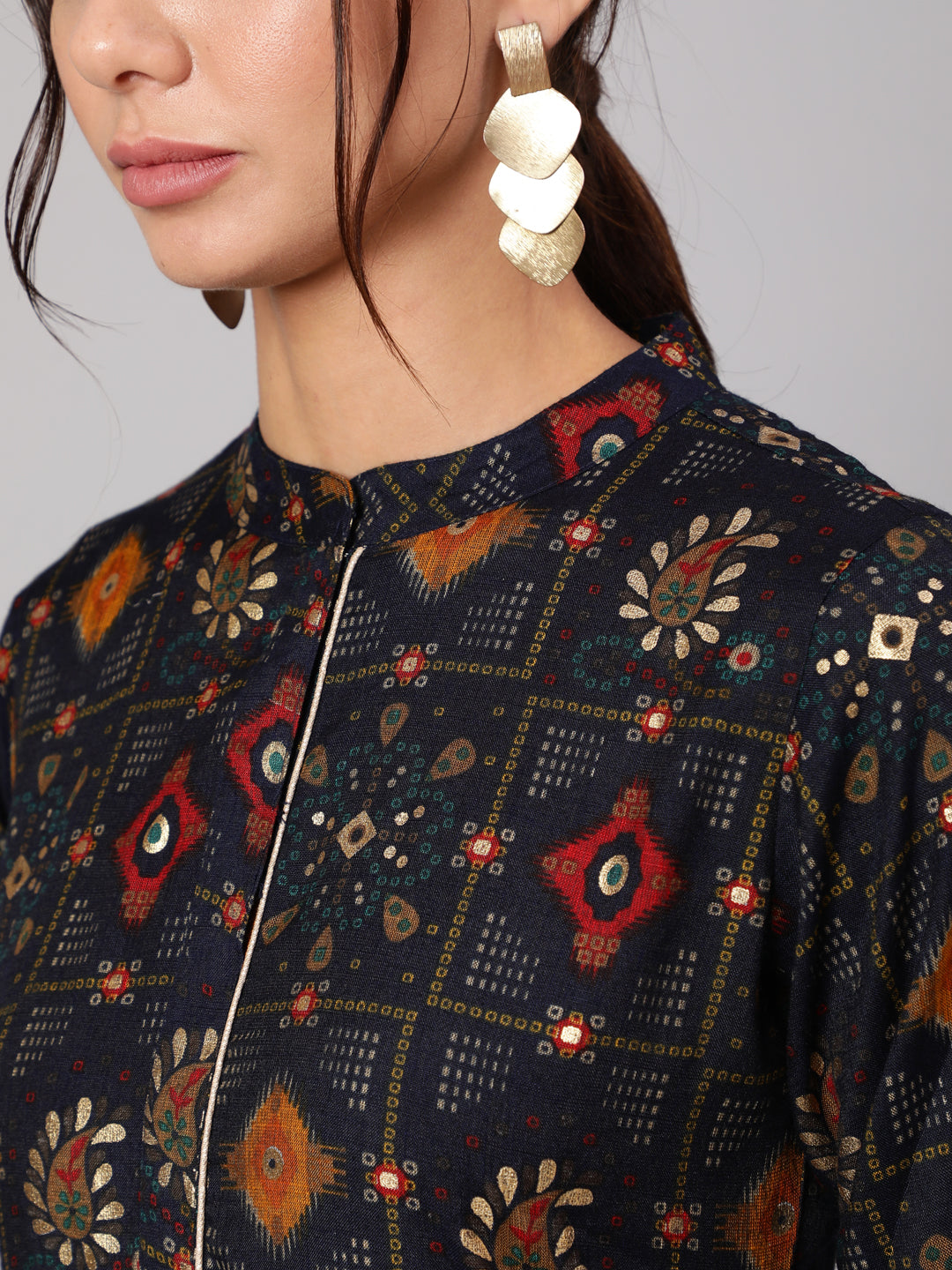 Navy Blue Ethnic Printed Dress With Three Quarter Sleeves