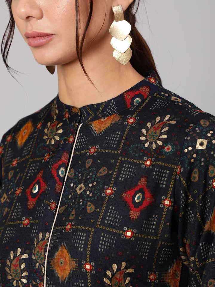Navy Blue Ethnic Printed Dress With Three Quarter Sleeves