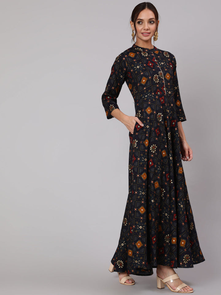 Navy Blue Ethnic Printed Dress With Three Quarter Sleeves