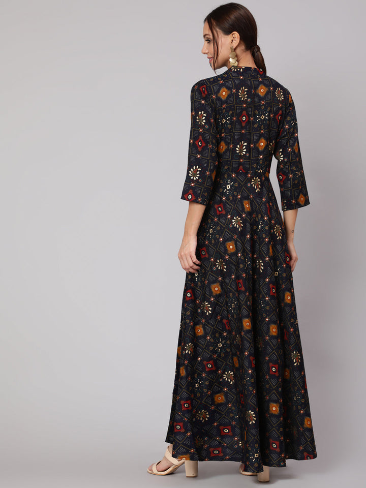 Navy Blue Ethnic Printed Dress With Three Quarter Sleeves