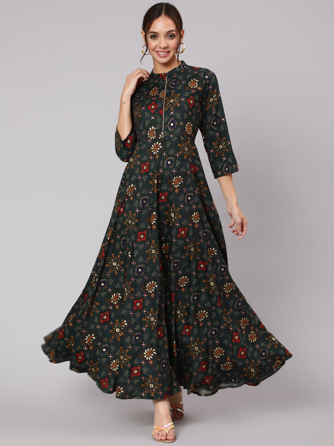 Green Ethnic Printed Dress With Three Quarter Sleeves