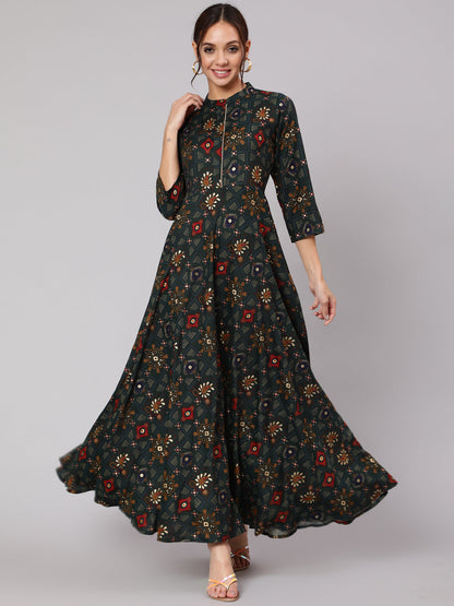 Green Ethnic Printed Dress With Three Quarter Sleeves