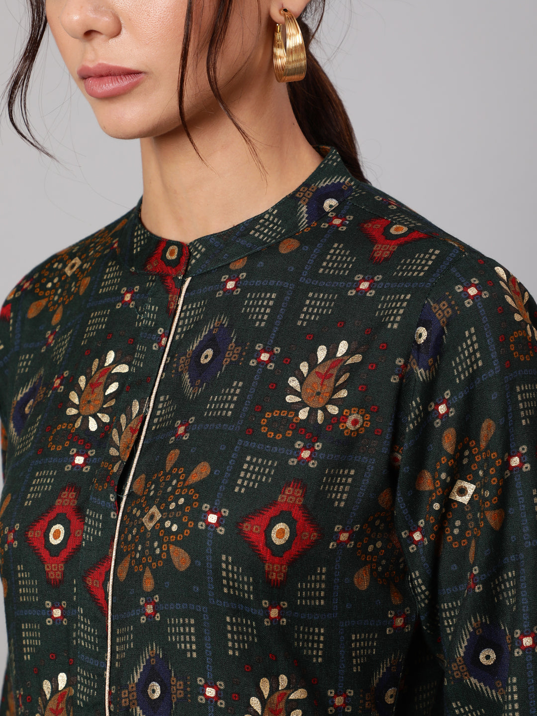 Green Ethnic Printed Dress With Three Quarter Sleeves