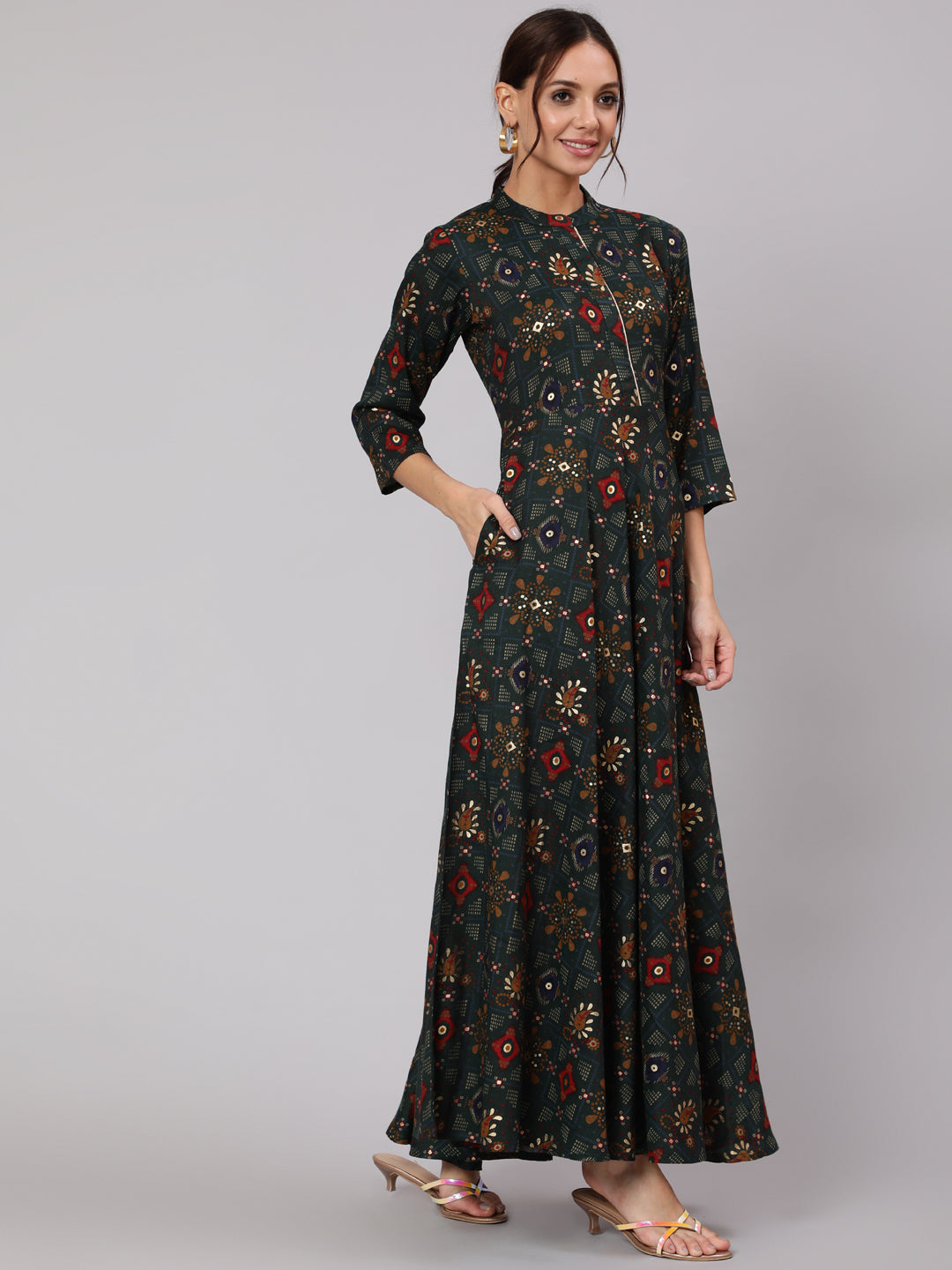 Green Ethnic Printed Dress With Three Quarter Sleeves