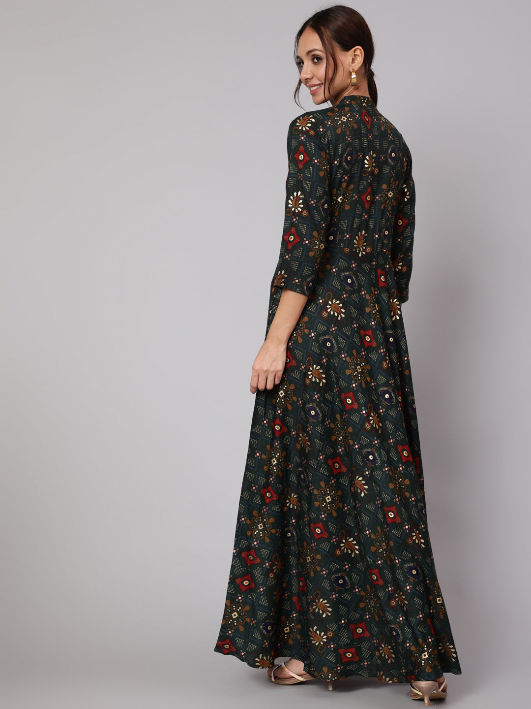 Green Ethnic Printed Dress With Three Quarter Sleeves