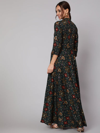 Green Ethnic Printed Dress With Three Quarter Sleeves