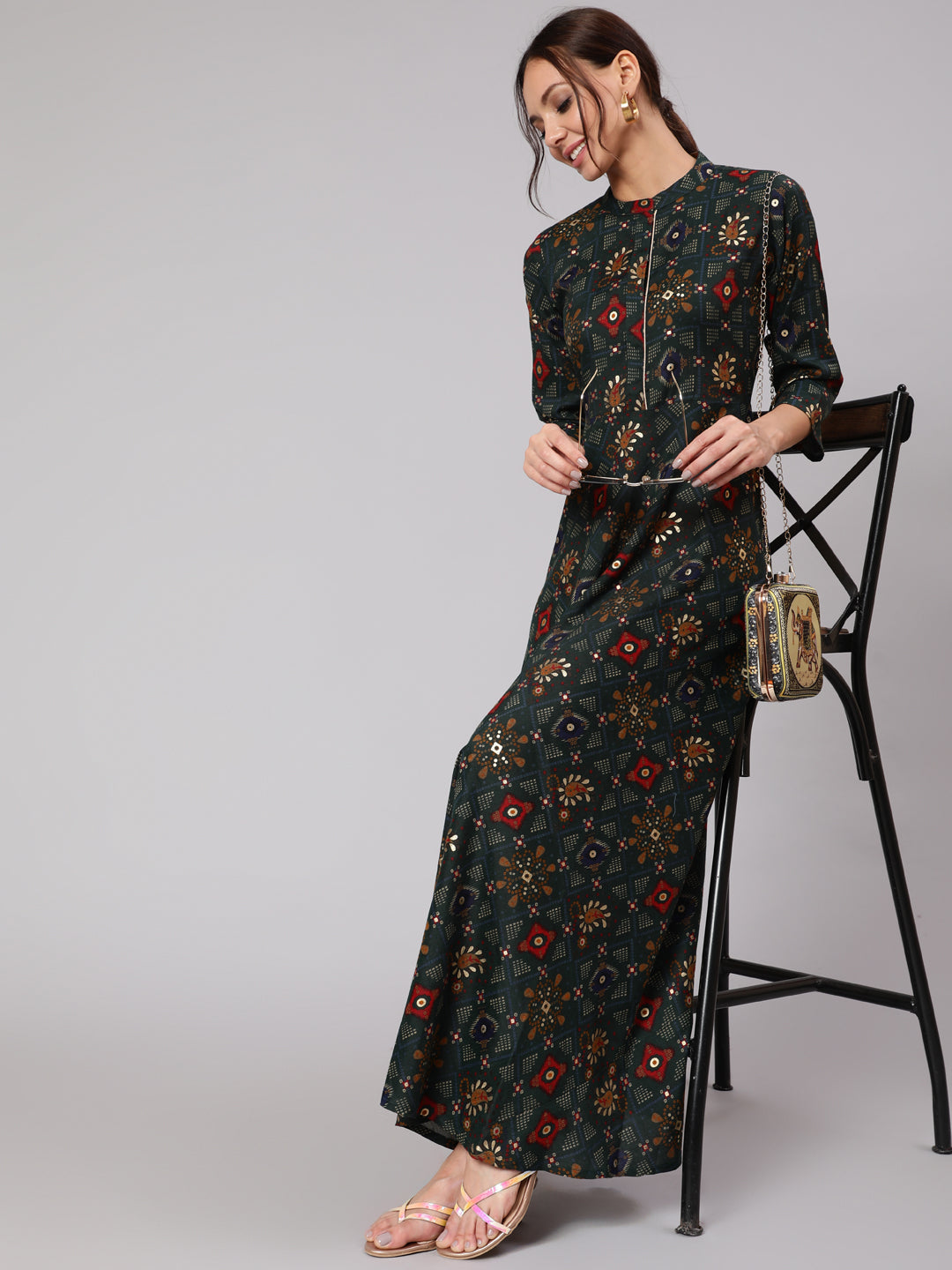 Green Ethnic Printed Dress With Three Quarter Sleeves