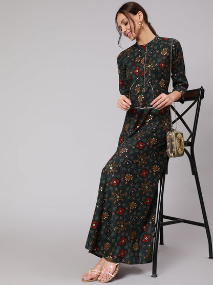 Green Ethnic Printed Dress With Three Quarter Sleeves