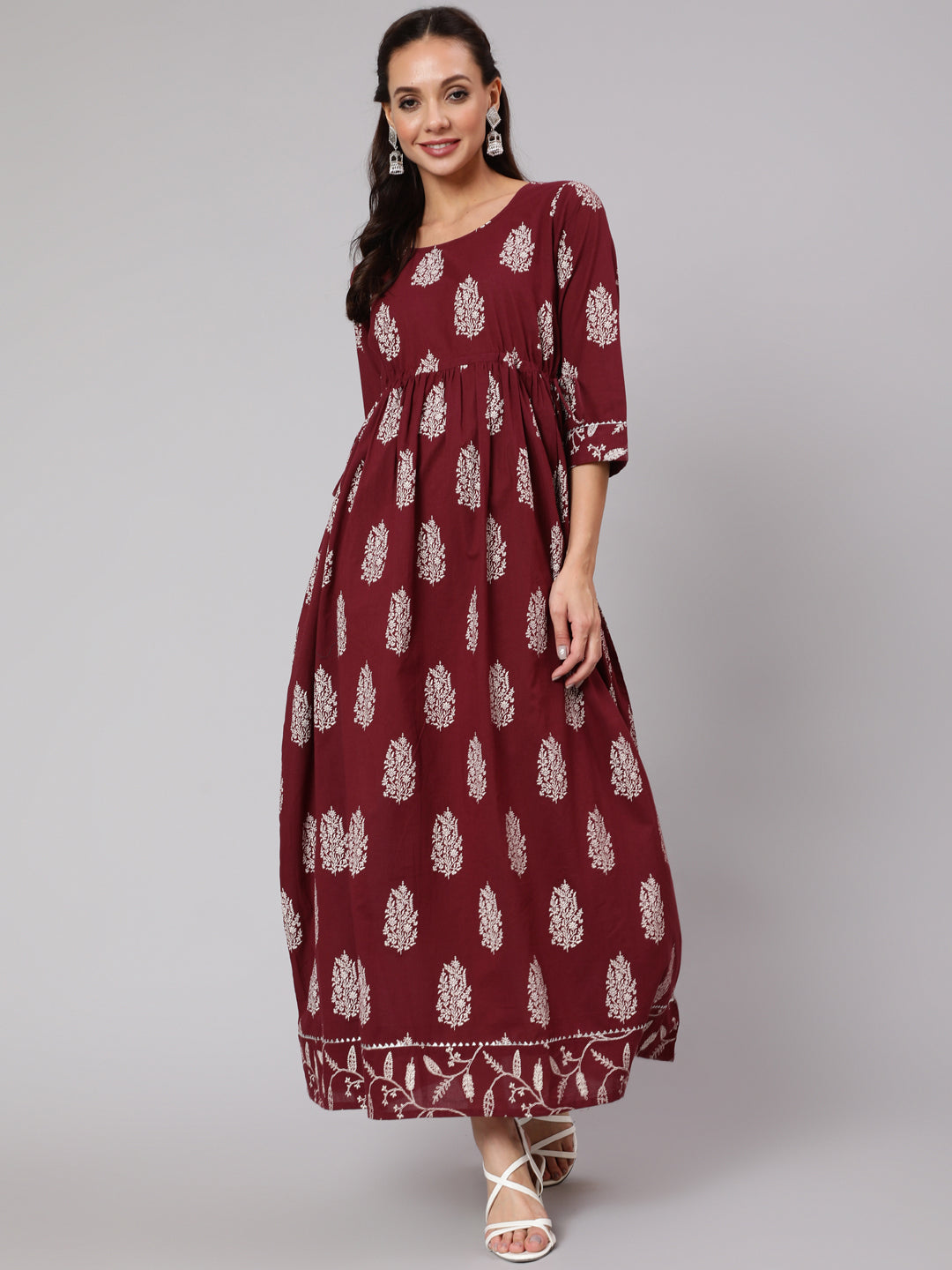Burgundy Printed Flared Dress With Three Quarter Sleeves