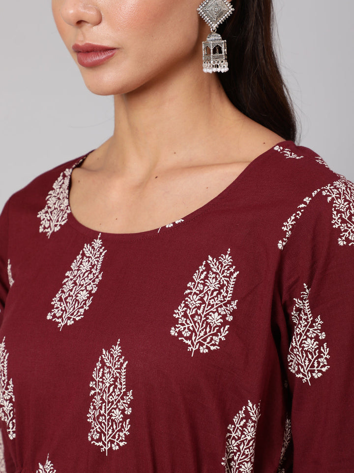 Burgundy Printed Flared Dress With Three Quarter Sleeves