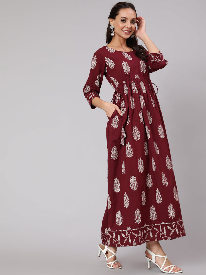 Burgundy Printed Flared Dress With Three Quarter Sleeves