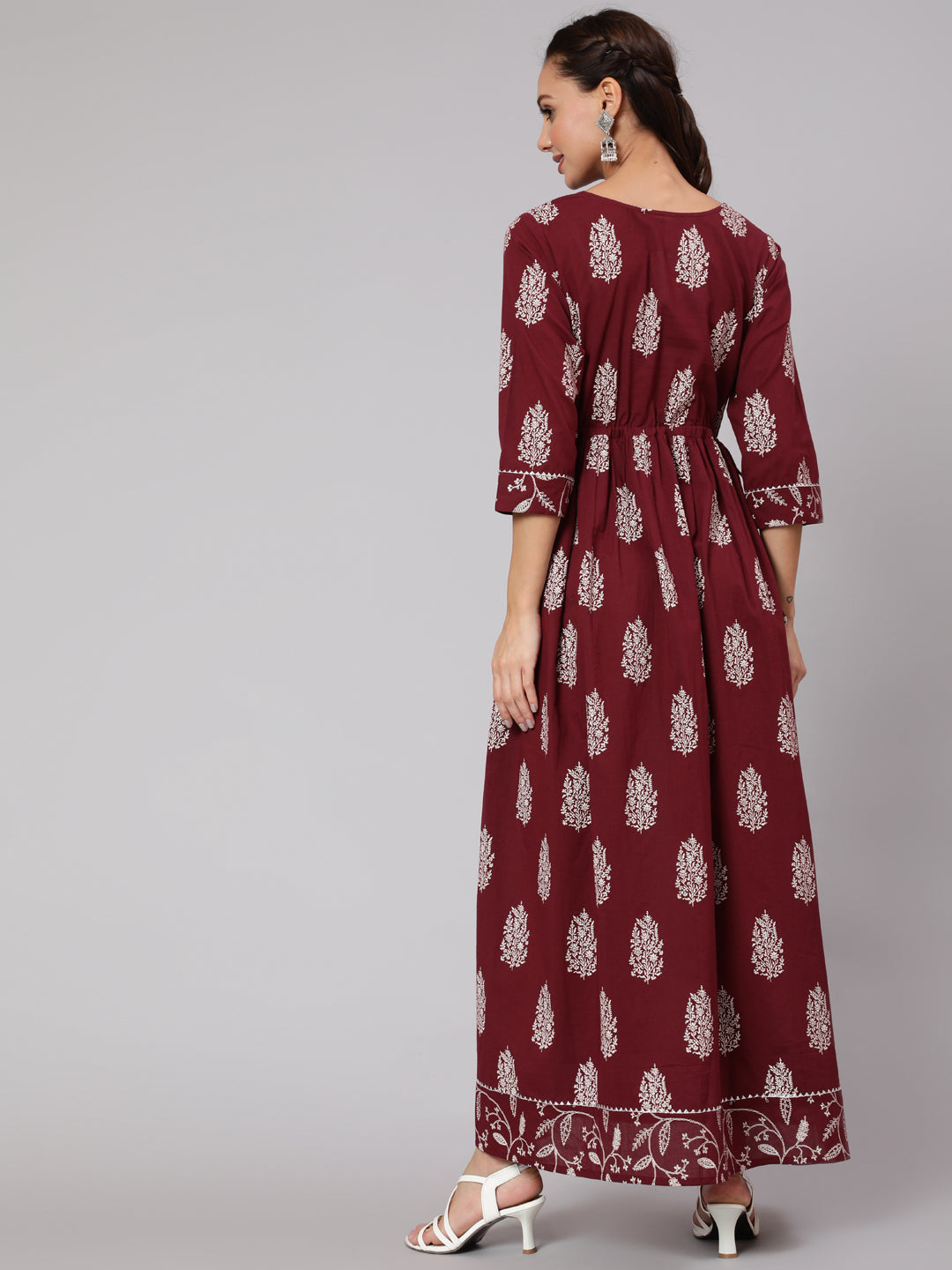 Burgundy Printed Flared Dress With Three Quarter Sleeves
