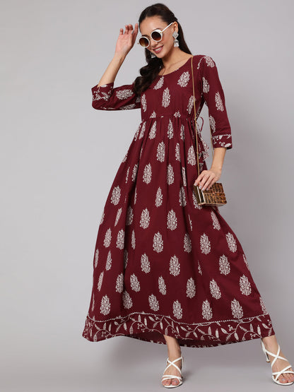 Burgundy Printed Flared Dress With Three Quarter Sleeves