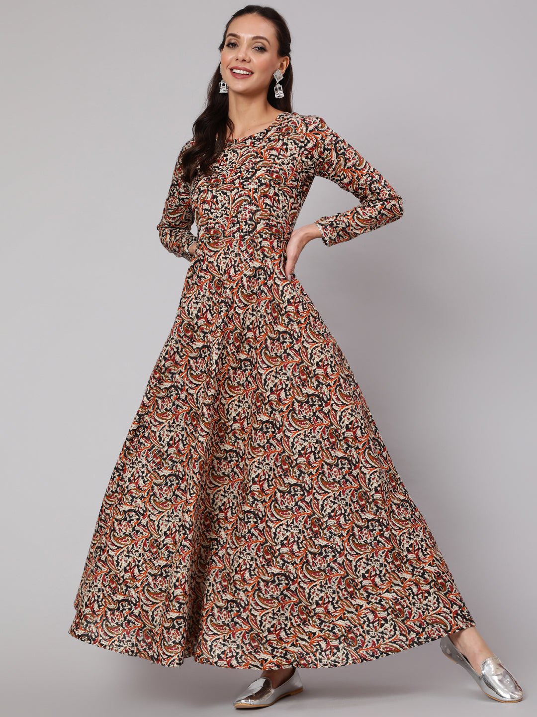 Multi Ethnic Printed Dress With Three Quarter Sleeves