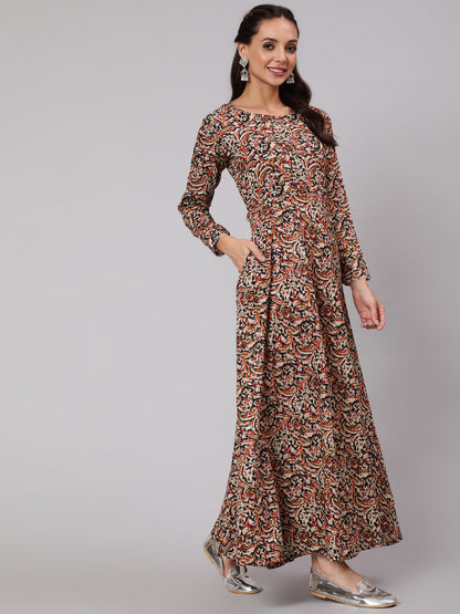 Multi Ethnic Printed Dress With Three Quarter Sleeves