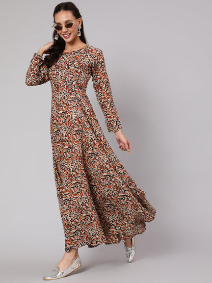 Multi Ethnic Printed Dress With Three Quarter Sleeves