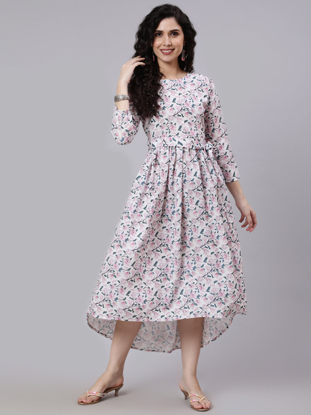 Off White Printed Flared Dress With Three Quarter Sleeves